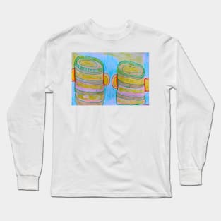 African Drums in Green and Yellow on Blue Background Long Sleeve T-Shirt